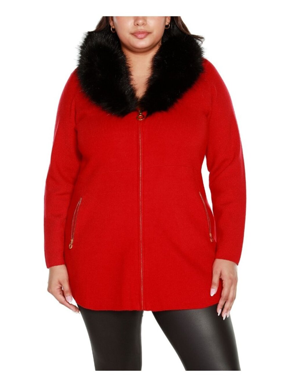 Belldini Black Label Plus Size 3X Faux Fur Collar Zipper Soft Cardigan Red $144